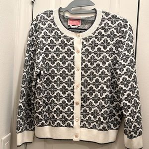 Kate Spade Floral Cardigan, Black/White with Silver treading, Size L, ALMOST NEW